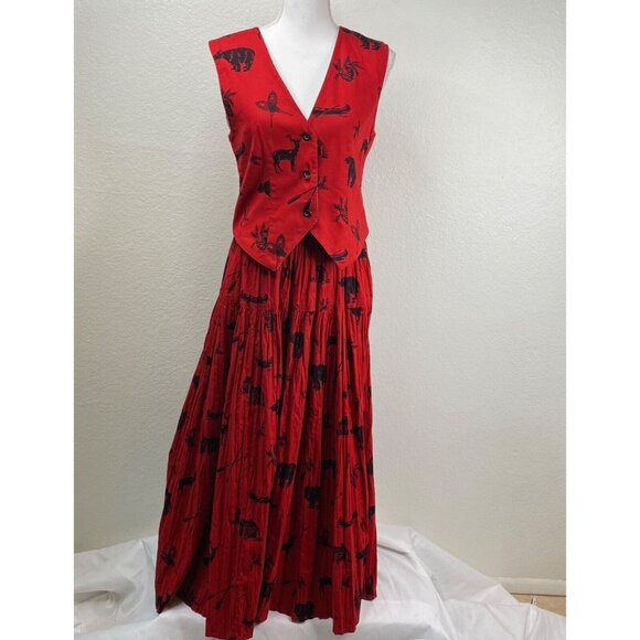 Sharon Young Sportswear Vest and Crinkle Skirt Red Sz S Wildlife Cabincore